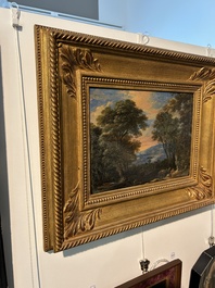 &Eacute;cole flamande: Deux voyageurs et un &acirc;ne dans un paysage, huile sur panneau, 17&egrave;me si&egrave;cle