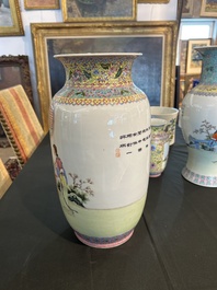 A Chinese famille rose vase with court ladies relaxing in a palace garden, Qianlong mark, Republic, 20th C.