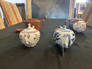 Four Chinese blue and white, famille rose and Yixing stoneware teapots, Kangxi/Qianlong