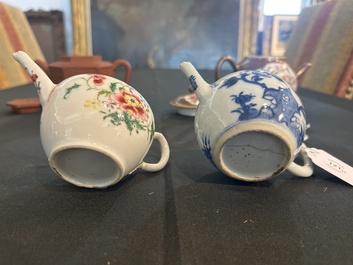 Four Chinese blue and white, famille rose and Yixing stoneware teapots, Kangxi/Qianlong