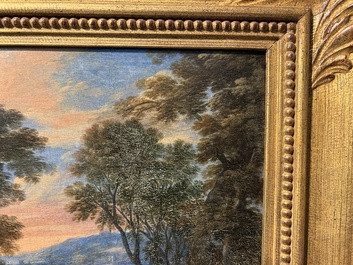 &Eacute;cole flamande: Deux voyageurs et un &acirc;ne dans un paysage, huile sur panneau, 17&egrave;me si&egrave;cle