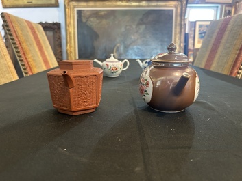 Four Chinese blue and white, famille rose and Yixing stoneware teapots, Kangxi/Qianlong