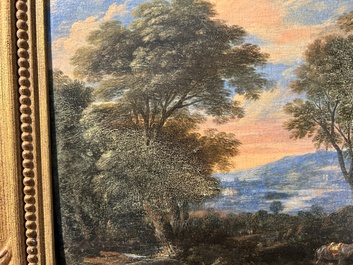 &Eacute;cole flamande: Deux voyageurs et un &acirc;ne dans un paysage, huile sur panneau, 17&egrave;me si&egrave;cle