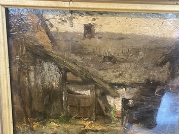 Isidore Verheyden (1846-1905): Vue anim&eacute;e d'une ferme, huile sur panneau