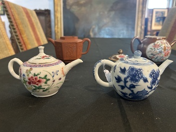 Four Chinese blue and white, famille rose and Yixing stoneware teapots, Kangxi/Qianlong