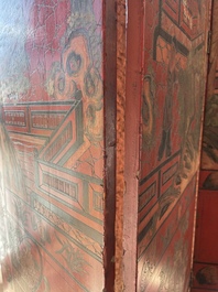 Paravent &agrave; 4 panneaux en laque polychrome, Chine, 19&egrave;me/20&egrave;me si&egrave;cle