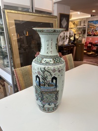 Two Chinese famille rose vases with flower baskets and Magu and a deer, 19th/20th C.