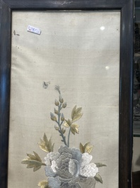 Four Chinese vertical silk embroideries with birds among blossoming branches, 20th C.