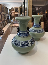 A pair of Chinese blue and white celadon 'kui dragons' vases, 19th/20th C.