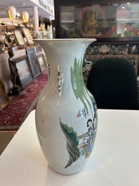 A Chinese famille rose double design vase with figures in a garden and antiquities, 19th/20th C.