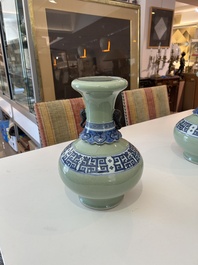 A pair of Chinese blue and white celadon 'kui dragons' vases, 19th/20th C.