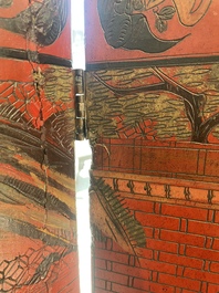 Paravent &agrave; 4 panneaux en laque polychrome, Chine, 19&egrave;me/20&egrave;me si&egrave;cle