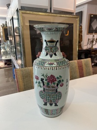 Two Chinese famille rose vases with Lan Caihe and flower baskets, 19th/20th C.