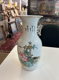 A Chinese famille rose double design vase with figures in a garden and antiquities, 19th/20th C.
