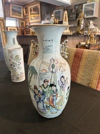 Deux vases et deux portes-chapeaux en porcelaine de Chine famille rose &agrave; d&eacute;cor figuratif et de paysage, 19&egrave;me/20&egrave;me si&egrave;cle