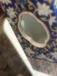A Chinese reticulated hexagonal blue ground famille rose hatstand, 19th C.