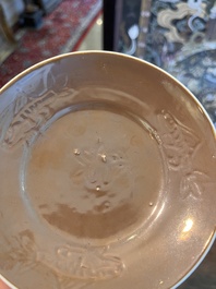 Five Chinese capucin brown ground cups and saucers with incised floral design, Qianlong