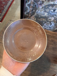 Five Chinese capucin brown ground cups and saucers with incised floral design, Qianlong