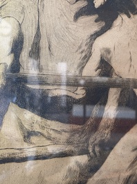 Maurice Langaskens (1884-1946): 'Les charrons', etching, ed. 12/100