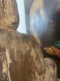 Sculpture de Luohan en bois sculpt&eacute; avec des traces de polychromie, 19&egrave;me si&egrave;cle