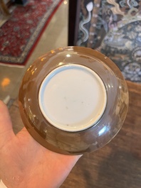 Five Chinese capucin brown ground cups and saucers with incised floral design, Qianlong