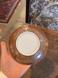 Five Chinese capucin brown ground cups and saucers with incised floral design, Qianlong