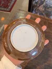 Five Chinese capucin brown ground cups and saucers with incised floral design, Qianlong