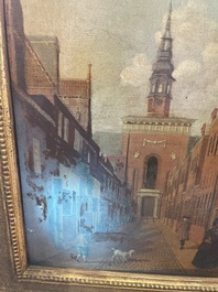 Ecole europ&eacute;enne: Vue anim&eacute;e de la Nieuwe Kerk &agrave; Haarlem, huile sur toile, 18&egrave;me si&egrave;cle