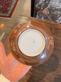 Five Chinese capucin brown ground cups and saucers with incised floral design, Qianlong