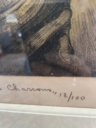 Maurice Langaskens (1884-1946): 'Les charrons', etching, ed. 12/100