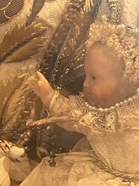 A Spanish polychrome decorated wax Madonna and Child adorned in brocade, 19th C.