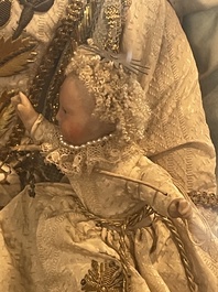 A Spanish polychrome decorated wax Madonna and Child adorned in brocade, 19th C.