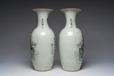 A pair of Chinese famille rose 'animated palace scene' vases, 19th/20th C.