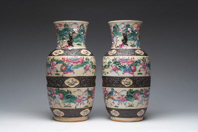 A pair of fine Chinese Nanking crackle glazed famille rose 'warrior' vases, 19th C.
