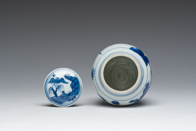 A Japanese blue and white Arita jar and cover with figures in a landscape, Edo, 18th/19th C;