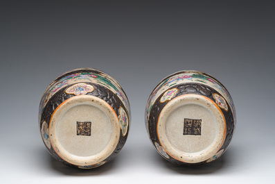 A pair of fine Chinese Nanking crackle glazed famille rose 'warrior' vases, 19th C.