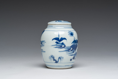 A Japanese blue and white Arita jar and cover with figures in a landscape, Edo, 18th/19th C;