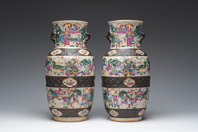 A pair of fine Chinese Nanking crackle glazed famille rose 'warrior' vases, 19th C.