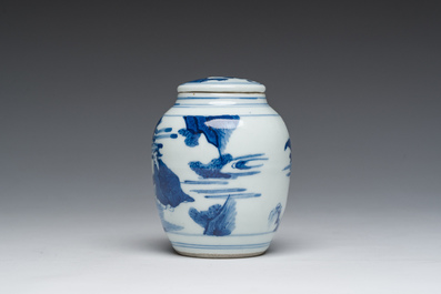 A Japanese blue and white Arita jar and cover with figures in a landscape, Edo, 18th/19th C;