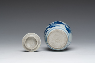 A Japanese blue and white Arita jar and cover with figures in a landscape, Edo, 18th/19th C;