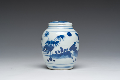 A Japanese blue and white Arita jar and cover with figures in a landscape, Edo, 18th/19th C;