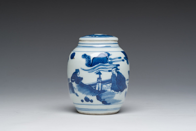 A Japanese blue and white Arita jar and cover with figures in a landscape, Edo, 18th/19th C;