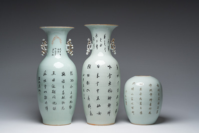 Twee Chinese famille rose vazen met Magu in een landschap en een doucai dekselpot met antiquiteiten, 19de/20ste eeuw