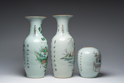 Twee Chinese famille rose vazen met Magu in een landschap en een doucai dekselpot met antiquiteiten, 19de/20ste eeuw