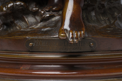 Auguste Moreau (1834-1917): 'P&egrave;cheuse de crevettes', brown patinated bronze, marked 'Soci&eacute;t&eacute; des bronzes de Paris'