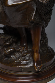 Auguste Moreau (1834-1917): 'P&egrave;cheuse de crevettes', brown patinated bronze, marked 'Soci&eacute;t&eacute; des bronzes de Paris'