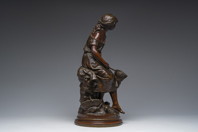 Auguste Moreau (1834-1917): 'P&egrave;cheuse de crevettes', brown patinated bronze, marked 'Soci&eacute;t&eacute; des bronzes de Paris'
