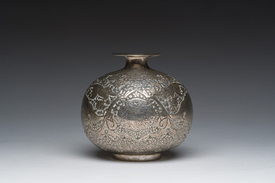 An Egyptian silver spherical vase with engraved design of figures in a landscape and flowers, 600/000, Cairo, dated 1936