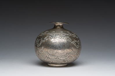 An Egyptian silver spherical vase with engraved design of figures in a landscape and flowers, 600/000, Cairo, dated 1936