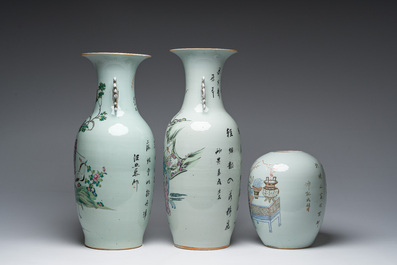 Twee Chinese famille rose vazen met Magu in een landschap en een doucai dekselpot met antiquiteiten, 19de/20ste eeuw